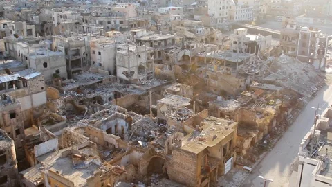 War destruction in the Homs City centre, Syria Stock Footage