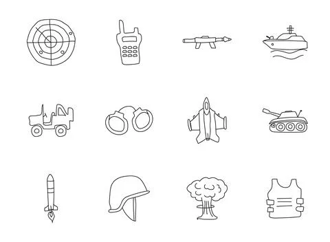 War doodles isolated on white. Illustrazione stock