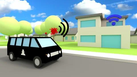 War driving concept hacker car infiltrating private home Stock Illustration