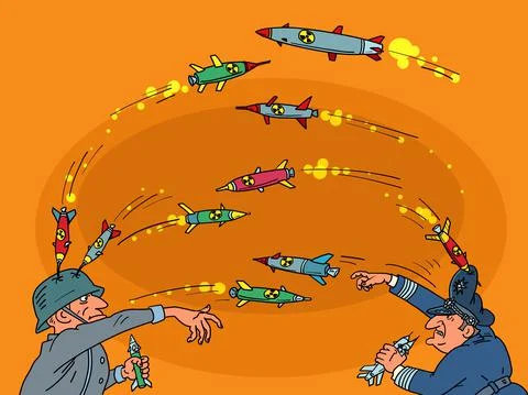 War generals throw rocket at each other. Militarism and the Army Ilustración de archivo