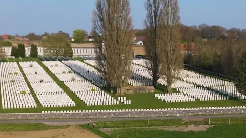 War graves cemetery tyne cot aerial close section geometric rows white wwi Stock Footage 341740779