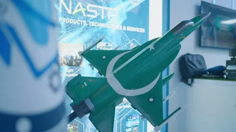 War jets with Pakistani flag in display at IDEAS Expo in Karachi, Pakistan. Stock Footage 295601344