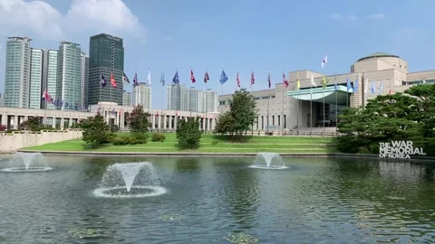 The War Memorial of Korea. Flags in front of the building. Seoul, South Korea Stock Footage 310386668