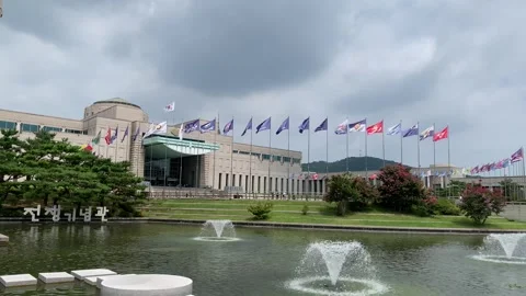 The War Memorial of Korea. Flags in front of the building. Seoul, South Korea Stock Footage 310386694
