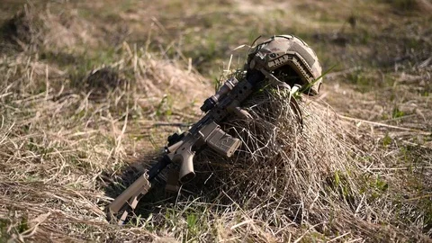 War or airsoft game. Sand-rifle automatic rifle with a telescopic sight and 스톡 동영상 107388775