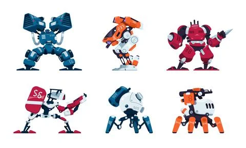 War robots. Cartoon battle machine, super hero in futuristic exoskeleton Stock Illustration