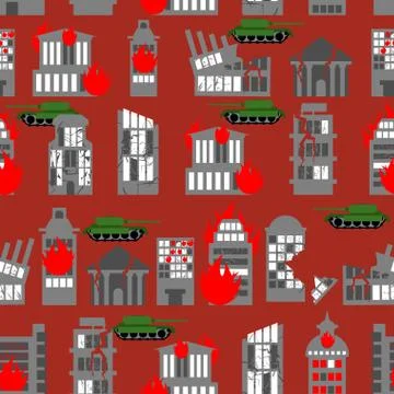 War seamless pattern. Ruined city. Tanks in town. Skyscrapers and public buil Stock Illustration