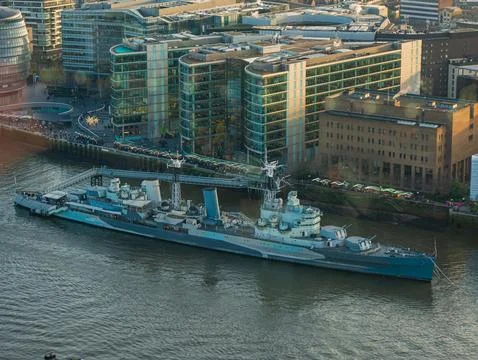 War ship on the river Thames 스톡 사진