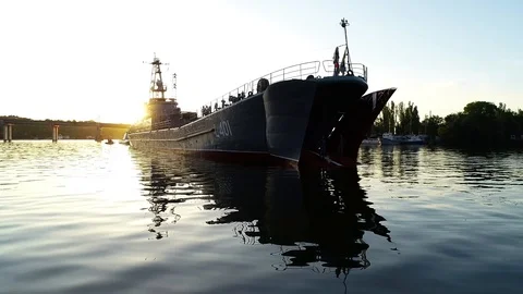 War ship at the sunset river Stock Footage 103426552