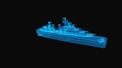 War ship wireframe scheme. 3d render with blue grid lines. Loop rotation  Video stock 140564547