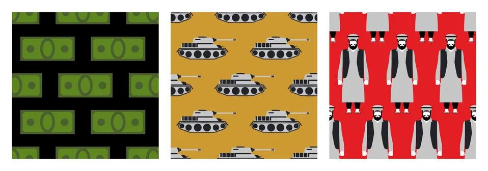 War in Syria. Set of seamless pattern. Many money. Military transport tanks.  Stock Illustration