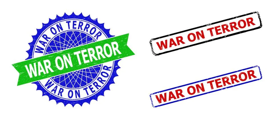 WAR ON TERROR Rosette and Rectangle Bicolor Stamps with Scratched Surfaces Illustrazione stock