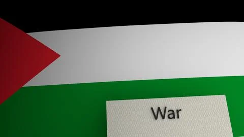 War text representation above the flag of Palestine. 3d render. Stock Illustration