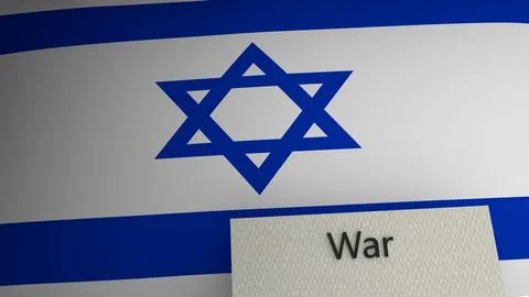 War text representation above the flag of Israel. 3d render. Stock Illustration