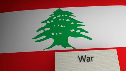 War text representation above the flag of Lebanon. 3d render. Stock Illustration