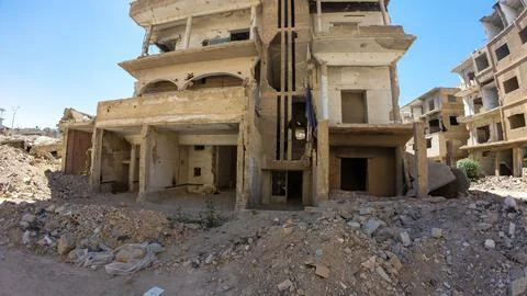 War-Torn Building with Debris and Rubble In Damascus Jobar district, Syria Stock Photos