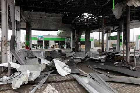 War in Ukraine. Chaos and devastatio at a gas station Stock Photos