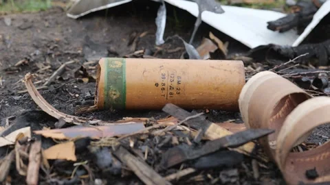 War in Ukraine. A close-up of a military shell casing. Chernigov. War in Ukraine Stock Footage 254207464
