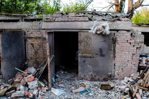 War in Ukraine, Damaged buildings at Kostiantynivka, Ukraine -  May 13, 2023 Stock Photos
