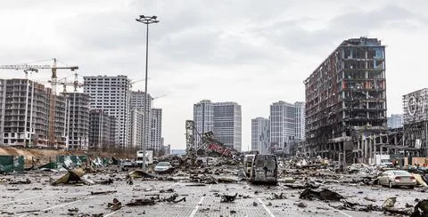 War in Ukraine. Damaged shopping center in Kyiv Stock Photos