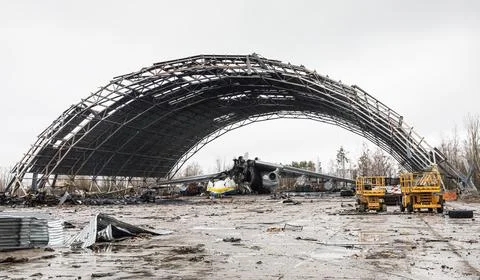 War in Ukraine. Destroyed largest aircraft in the world Mriya Stock Photos