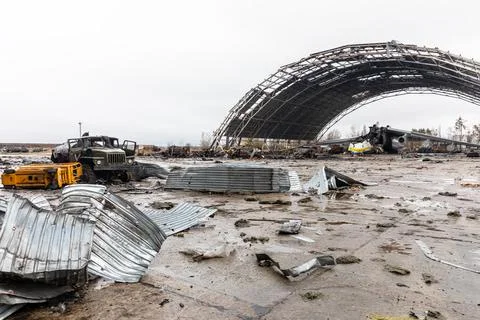 War in Ukraine. Destroyed largest aircraft in the world Mriya Stock Photos