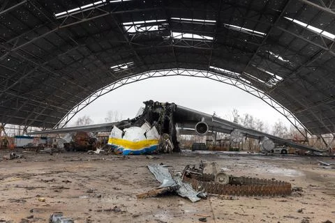 War in Ukraine. Destroyed largest aircraft in the world Mriya Stock Photos
