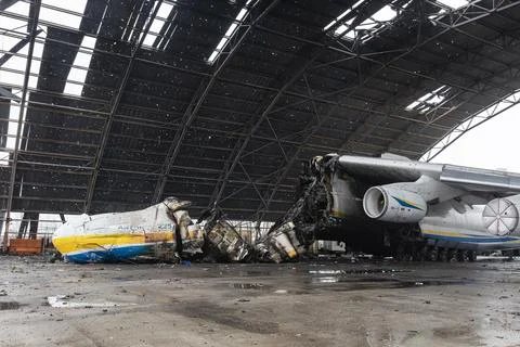 War in Ukraine. Destroyed largest aircraft in the world Mriya Stock Photos