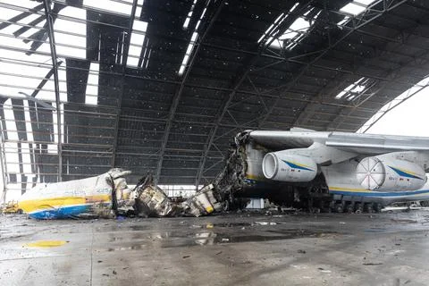 War in Ukraine. Destroyed largest aircraft in the world Mriya Stock Photos