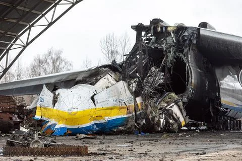 War in Ukraine. Destroyed largest aircraft in the world Mriya Stock Photos