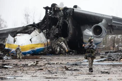 War in Ukraine. Destroyed largest aircraft in the world Mriya Stock Photos