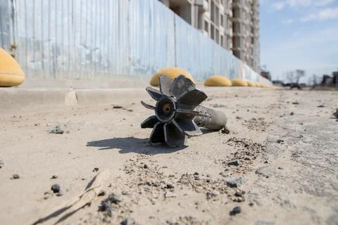 War in Ukraine. Exploded mortar cartrige. Stock Photos
