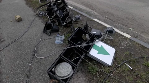 War in Ukraine. Fallen and broken traffic lights because of the explosion 動画素材 196875756