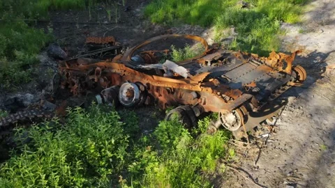War in Ukraine, Remains of Destroyed and burned by Ukrainian troops russian batt Stock Footage 205565331