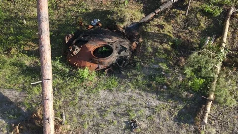 War in Ukraine, Remains of Destroyed and burned by Ukrainian troops russian batt Stock Footage 205565461