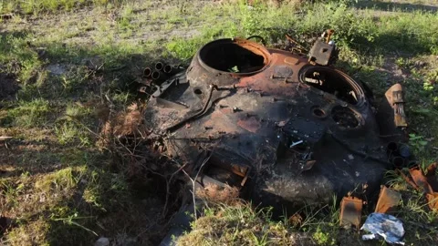 War in Ukraine, Remains of Destroyed and burned by Ukrainian troops russian batt Stock Footage 205565482