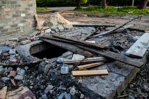 War in Ukraine, Rubble of building at Kostiantynivka, Ukraine -  May 13, 2023 Stock Photos