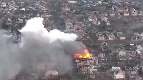 War in Ukraine. The ruins of the city of Bakhmut from a bird's eye view (51) Video stock 285662753