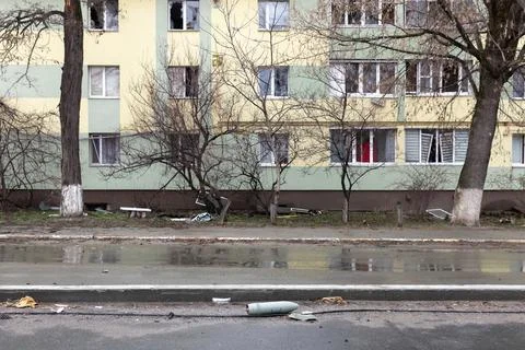 War in Ukraine. Streets of Bucha Stock Photos