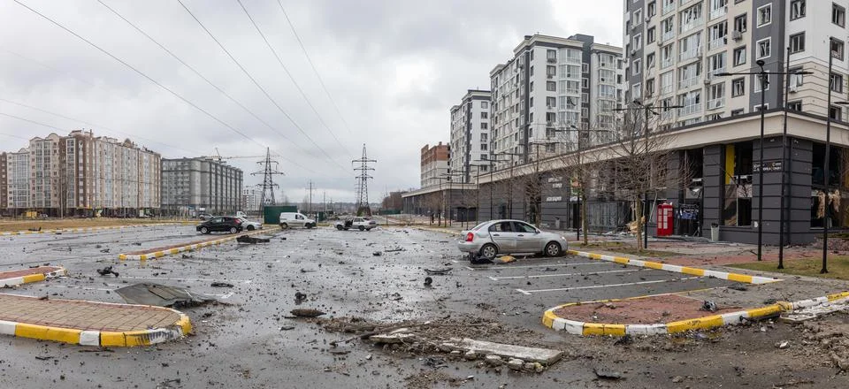 War in Ukraine. Streets of Bucha Stock Photos