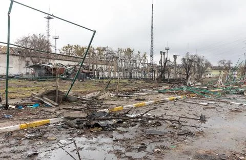 War in Ukraine. Streets of Bucha Stock Photos