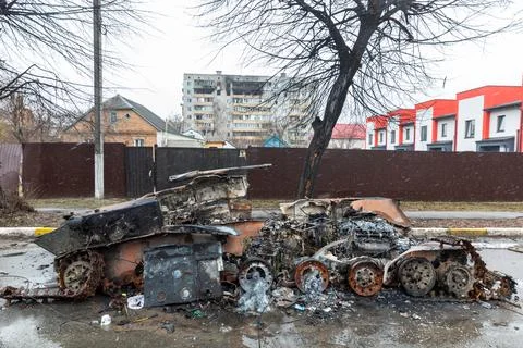 War in Ukraine. Streets of Bucha Foto stock
