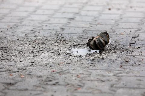 War in Ukraine. Unexploded mine Stock Photos