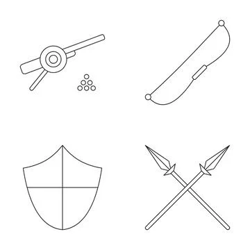 War weapons and medieval armour outline icons Stock Illustration