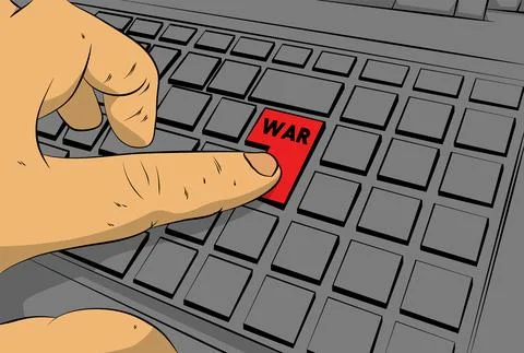 War word on computer keyboard. Man push keypad on laptop. Comic book style co Stock Illustration