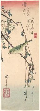 Warbler on a Plum Branch ca. 1835 Utagawa Hiroshige Japanese Poems included.. Stock Illustration