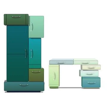 The wardrobe and Desk consists of modules isolated on a white background. Vec Stock Illustration