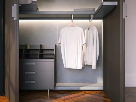 Wardrobe with blank empty t-shirts. 3d rendering 스톡 일러스트