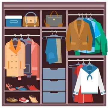 Wardrobe with clothes and accessories vector flat illustration Stock Illustration