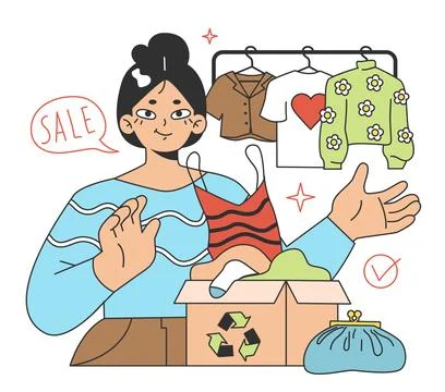 Wardrobe developing. Character doing a apparel audit, throwing away Stock Illustration